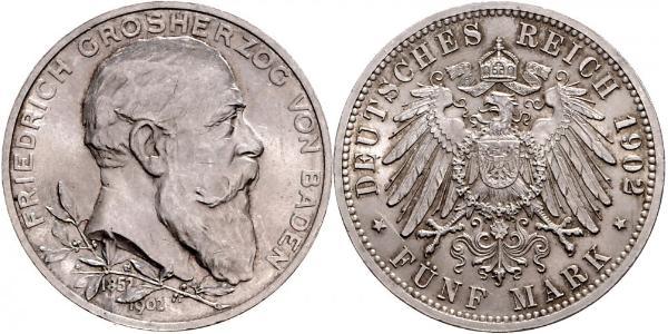 5 Марка Німецька імперія (1871-1918) / Велике герцогство Баден (1806-1918) Срібло Frederick I, Grand Duke of Baden (1826 - 1907)