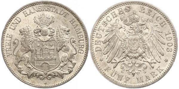 5 Марка Німецька імперія (1871-1918) / Гамбург Срібло 