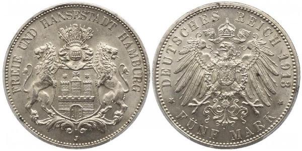 5 Марка Німецька імперія (1871-1918) / Гамбург Срібло 