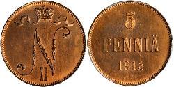 5 Пені Велике князівство Фінляндське (1809 - 1917) Мідь Микола II (1868-1918)