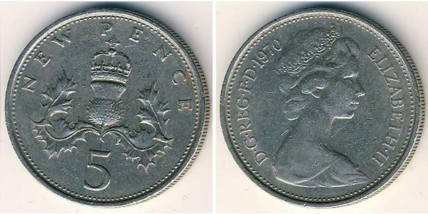 5 Пені Велика Британія (1922-) Нікель/Мідь Єлизавета II (1926-2022)