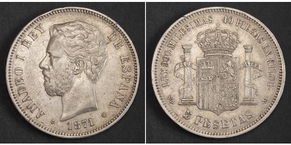 5 Песета Королевство Испания (1814 - 1873) Серебро Амадей I (король Испании)  (1845 - 1890)