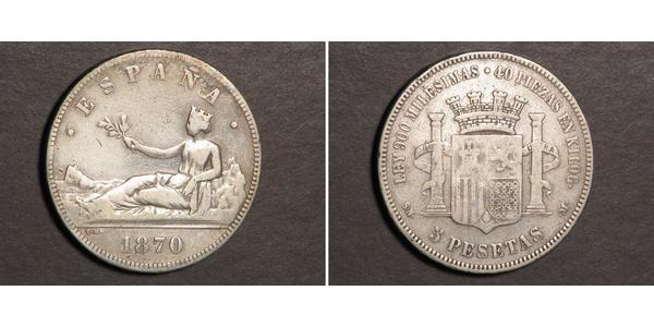 5 Песета Первая Испанская Республика (1873 - 1874) Серебро 
