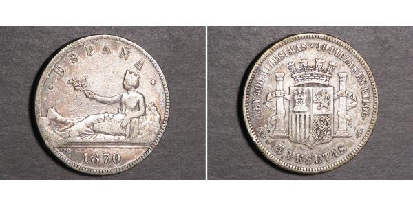 5 Песета Первая Испанская Республика (1873 - 1874) Серебро 