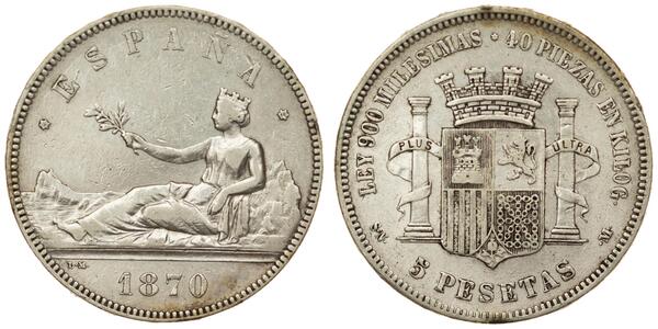 5 Песета Первая Испанская Республика (1873 - 1874) Серебро 