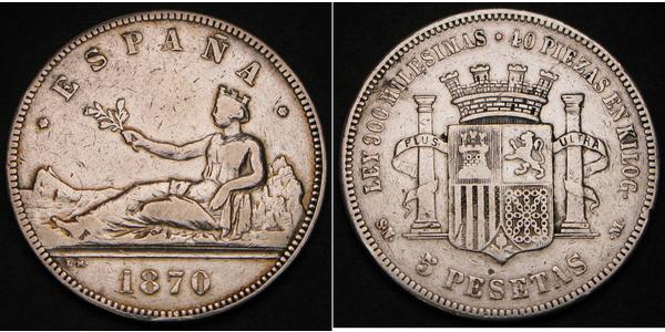 5 Песета Первая Испанская Республика (1873 - 1874) Серебро 