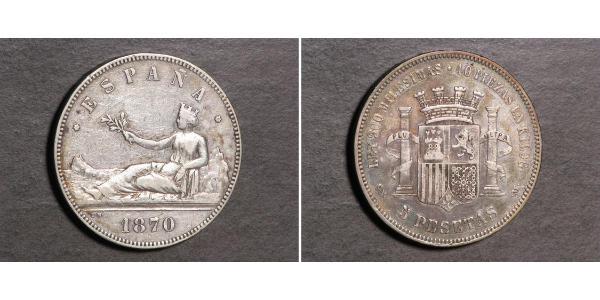 5 Песета Первая Испанская Республика (1873 - 1874) Серебро 