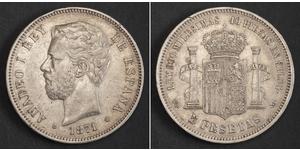 5 Песета Королівство Іспанія (1814 - 1873) Срібло Амадей I  (1845 - 1890)