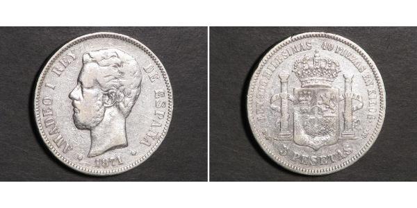 5 Песета Королівство Іспанія (1814 - 1873) Срібло Амадей I  (1845 - 1890)