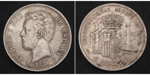 5 Песета Королівство Іспанія (1814 - 1873) Срібло Амадей I  (1845 - 1890)