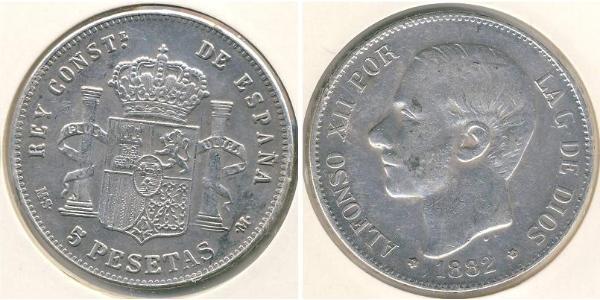 5 Песета Королівство Іспанія (1874 - 1931) Срібло Alfonso XII of Spain (1857 -1885)