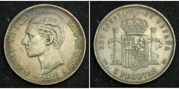 5 Песета Королівство Іспанія (1874 - 1931) Срібло Alfonso XII of Spain (1857 -1885)