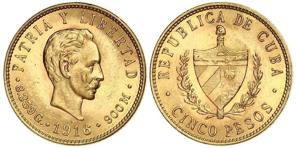 5 Песо Куба Золото Jose Julian Marti Perez (1853 - 1895) 