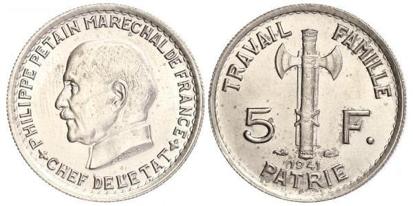 5 Франк Французское государство режима Виши (1940-1944)  Петен, Анри Филипп