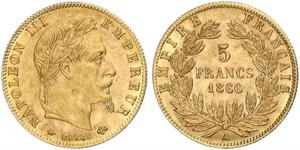 5 Франк Вторая французская империя (1852-1870) Золото Наполеон III Бонапарт (1808-1873)