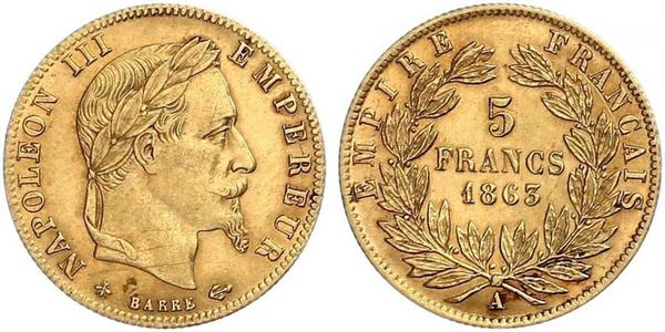 5 Франк Вторая французская империя (1852-1870) Золото Наполеон III Бонапарт (1808-1873)