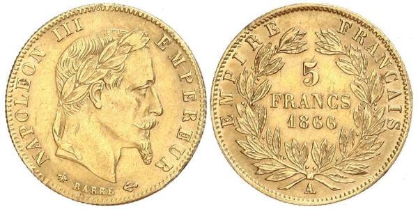 5 Франк Вторая французская империя (1852-1870) Золото Наполеон III Бонапарт (1808-1873)
