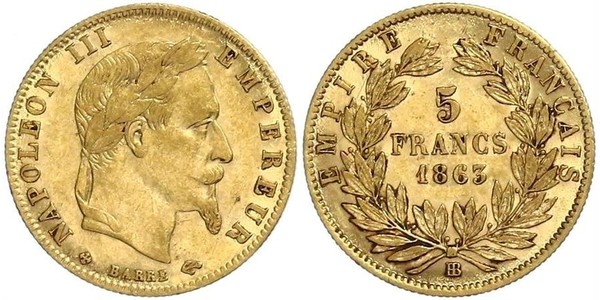 5 Франк Вторая французская империя (1852-1870) Золото Наполеон III Бонапарт (1808-1873)