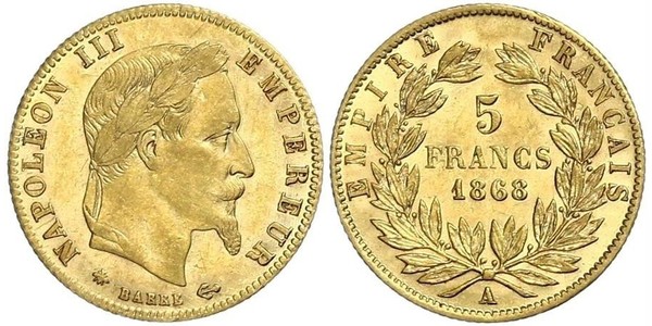 5 Франк Вторая французская империя (1852-1870) Золото Наполеон III Бонапарт (1808-1873)