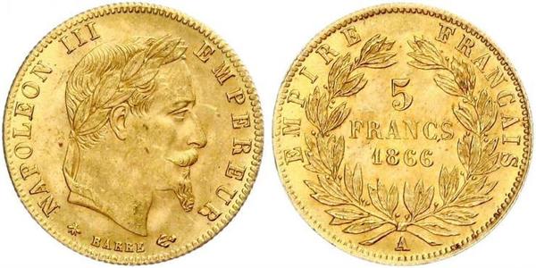 5 Франк Вторая французская империя (1852-1870) Золото Наполеон III Бонапарт (1808-1873)
