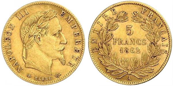 5 Франк Вторая французская империя (1852-1870) Золото Наполеон III Бонапарт (1808-1873)
