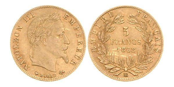 5 Франк Вторая французская империя (1852-1870) Золото Наполеон III Бонапарт (1808-1873)