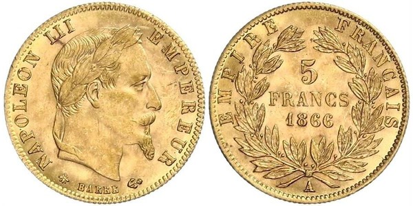 5 Франк Вторая французская империя (1852-1870) Золото Наполеон III Бонапарт (1808-1873)