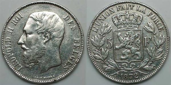 5 Франк Бельгия Серебро Леопольд II (1835 - 1909)