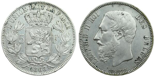 5 Франк Бельгия Серебро Леопольд II (1835 - 1909)