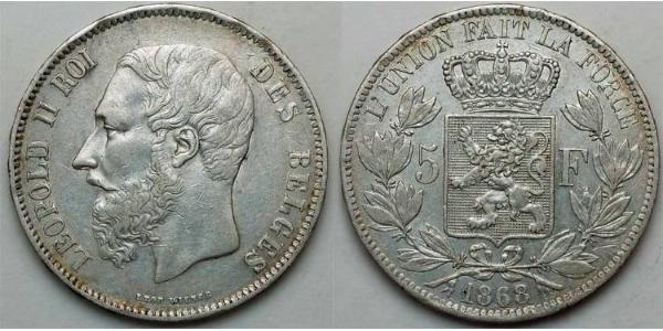 5 Франк Бельгия Серебро Леопольд II (1835 - 1909)