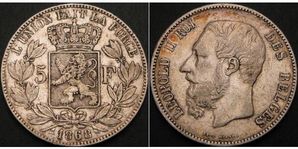 5 Франк Бельгия Серебро Леопольд II (1835 - 1909)