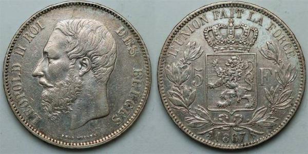 5 Франк Бельгия Серебро Леопольд II (1835 - 1909)