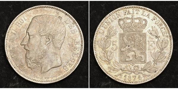 5 Франк Бельгия Серебро Леопольд II (1835 - 1909)