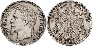 5 Франк Вторая французская империя (1852-1870) Серебро Наполеон III Бонапарт (1808-1873)