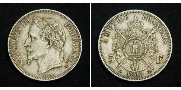 5 Франк Вторая французская империя (1852-1870) Серебро Наполеон III Бонапарт (1808-1873)