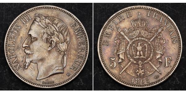 5 Франк Вторая французская империя (1852-1870) Серебро Наполеон III Бонапарт (1808-1873)
