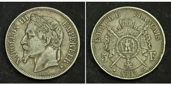 5 Франк Вторая французская империя (1852-1870) Серебро Наполеон III Бонапарт (1808-1873)