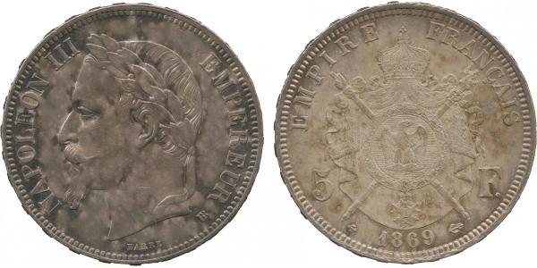 5 Франк Вторая французская империя (1852-1870) Серебро Наполеон III Бонапарт (1808-1873)