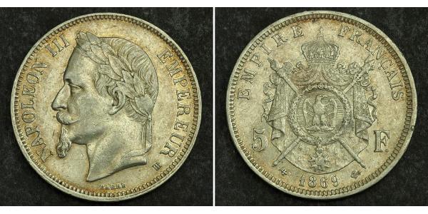 5 Франк Вторая французская империя (1852-1870) Серебро Наполеон III Бонапарт (1808-1873)