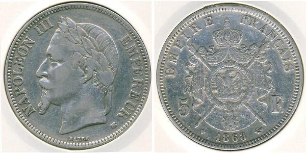 5 Франк Вторая французская империя (1852-1870) Серебро Наполеон III Бонапарт (1808-1873)