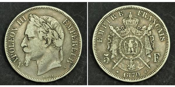 5 Франк Вторая французская империя (1852-1870) Серебро Наполеон III Бонапарт (1808-1873)