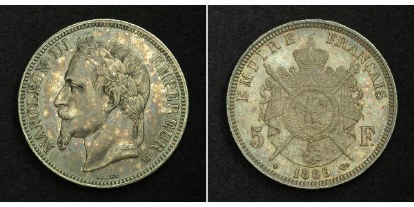 5 Франк Вторая французская империя (1852-1870) Серебро Наполеон III Бонапарт (1808-1873)