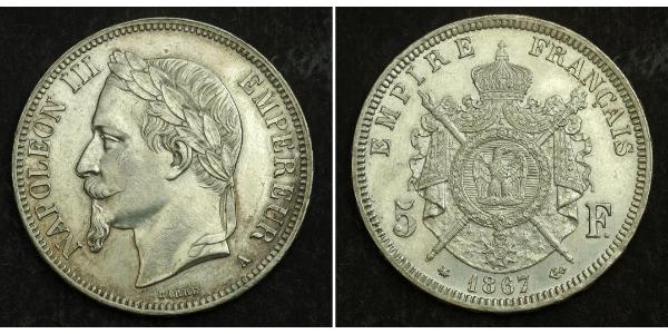 5 Франк Вторая французская империя (1852-1870) Серебро Наполеон III Бонапарт (1808-1873)