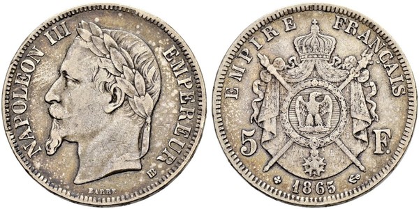 5 Франк Вторая французская империя (1852-1870) Серебро Наполеон III Бонапарт (1808-1873)