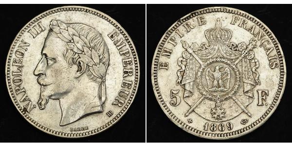 5 Франк Вторая французская империя (1852-1870) Серебро Наполеон III Бонапарт (1808-1873)