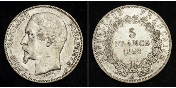 5 Франк Вторая французская республика (1848-1852) Серебро Наполеон III Бонапарт (1808-1873)