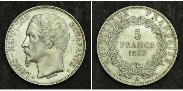 5 Франк Вторая французская республика (1848-1852) Серебро Наполеон III Бонапарт (1808-1873)