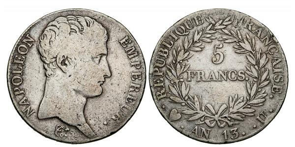 5 Франк Первая Французская империя (1804-1814) Серебро Наполеон I(1769 - 1821)