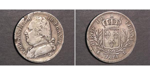 5 Франк Kingdom of France (1815-1830) Срібло Людовик XVIII  (1755-1824)