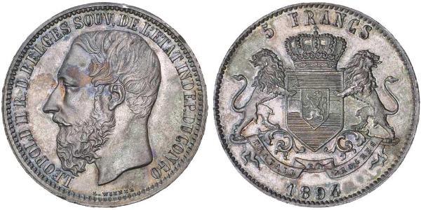 5 Франк Вільна держава Конго (1885 - 1908) Срібло Леопольд II (1835 - 1909)